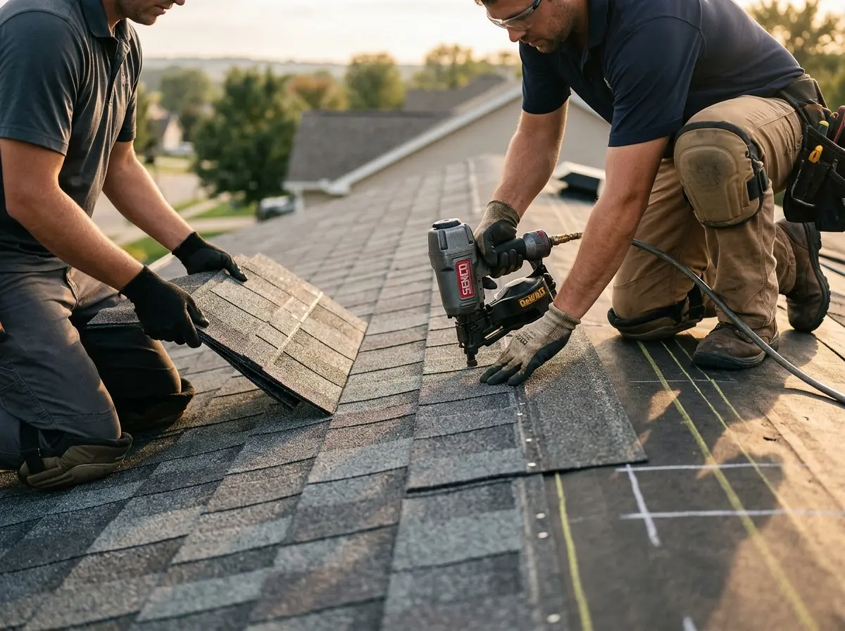Professional roofer working on a residential roof in Neptune